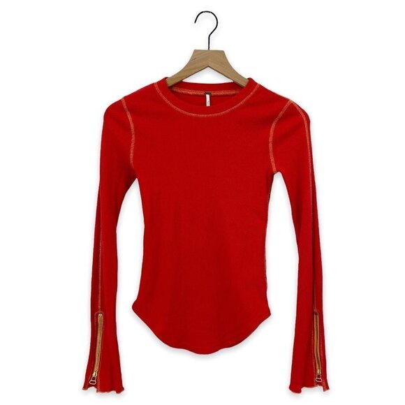Free People Red Zip It Cuff Waffle Knit Thermal Size XS - Picture 2 of 8